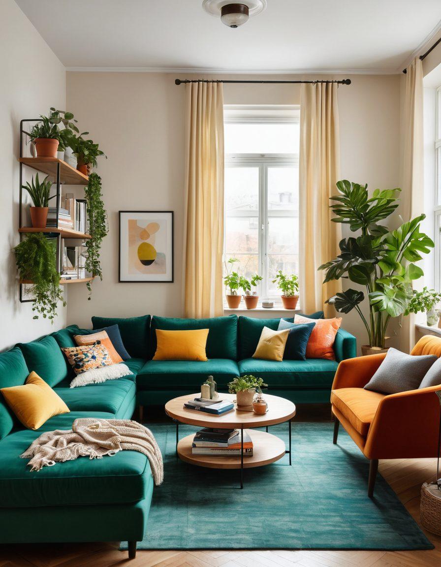 A stylish and cozy apartment interior showcasing modern décor trends, featuring a well-organized living space with minimalistic furniture, green plants, and bright fabrics. Include elements of space optimization such as multi-functional furniture and wall shelves filled with books and decorative items. The ambiance should feel warm and inviting, highlighting a blend of comfort and elegance. vibrant colors. super-realistic.