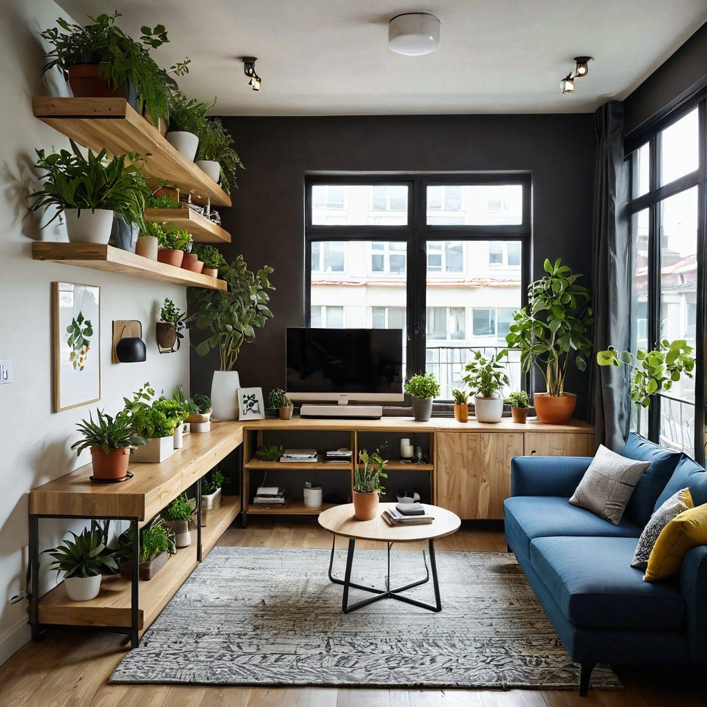 A stylish, modern flat interior showcasing various space optimization hacks, like multifunctional furniture, vertical gardens, and creative storage solutions. Highlight an inviting living space with vibrant colors, natural light filtering through large windows, and a cozy atmosphere. Include decorative elements that combine aesthetics with functionality, such as wall-mounted shelves and collapsible tables. super-realistic. vibrant colors. warm tones.