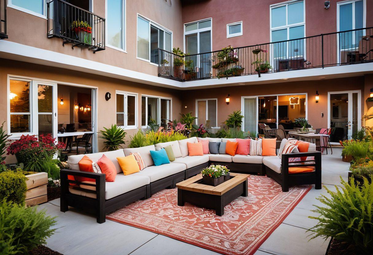 A cozy apartment community with diverse residents engaging in various activities like gardening, hosting a barbecue, and socializing in a welcoming lounge area. Bright plants and colorful decorations enhance the atmosphere, while smiling faces express connections and joy. The sunset casts warm light, creating an inviting ambiance. super-realistic. vibrant colors. soft focus.